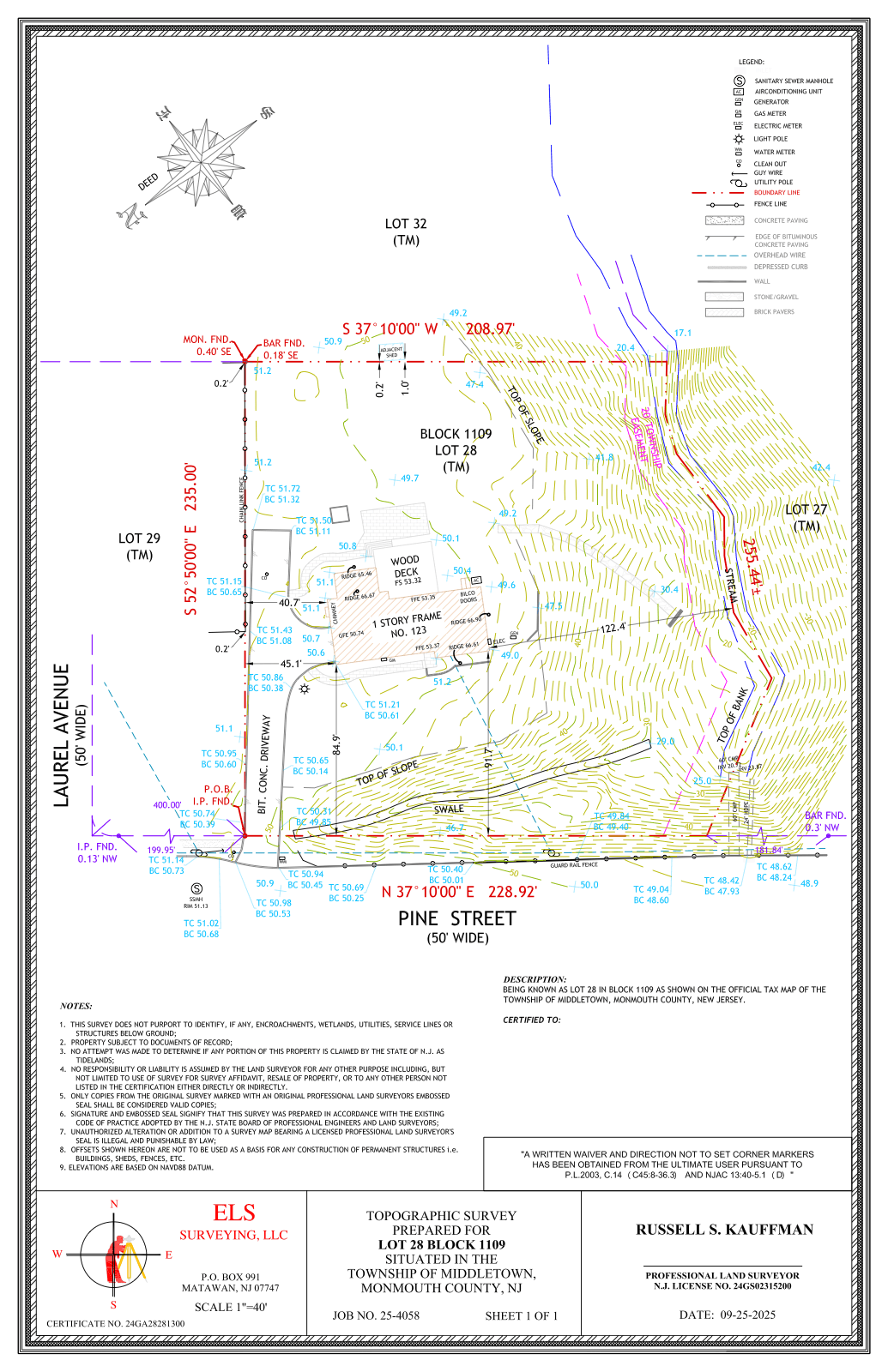 Sample ELS topographic survey drawing with contour lines and elevations, in color