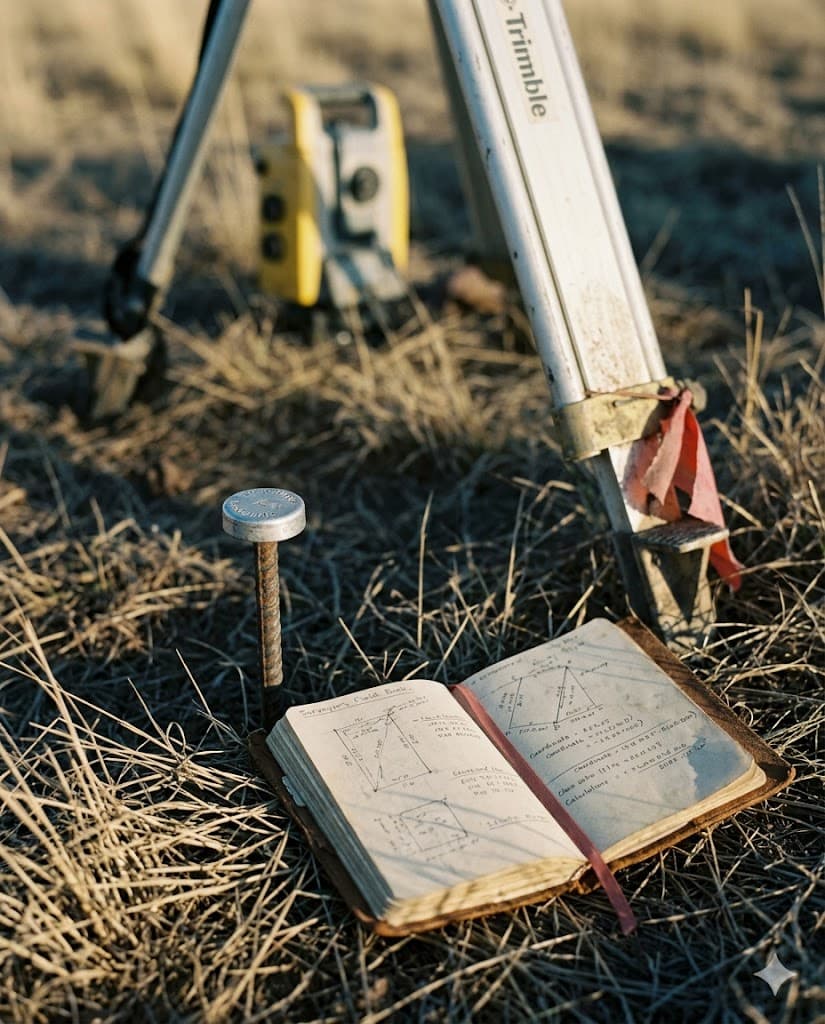 A total station, a survey nail set in the ground, and a surveyor's field book on golden grass with red flagging tape