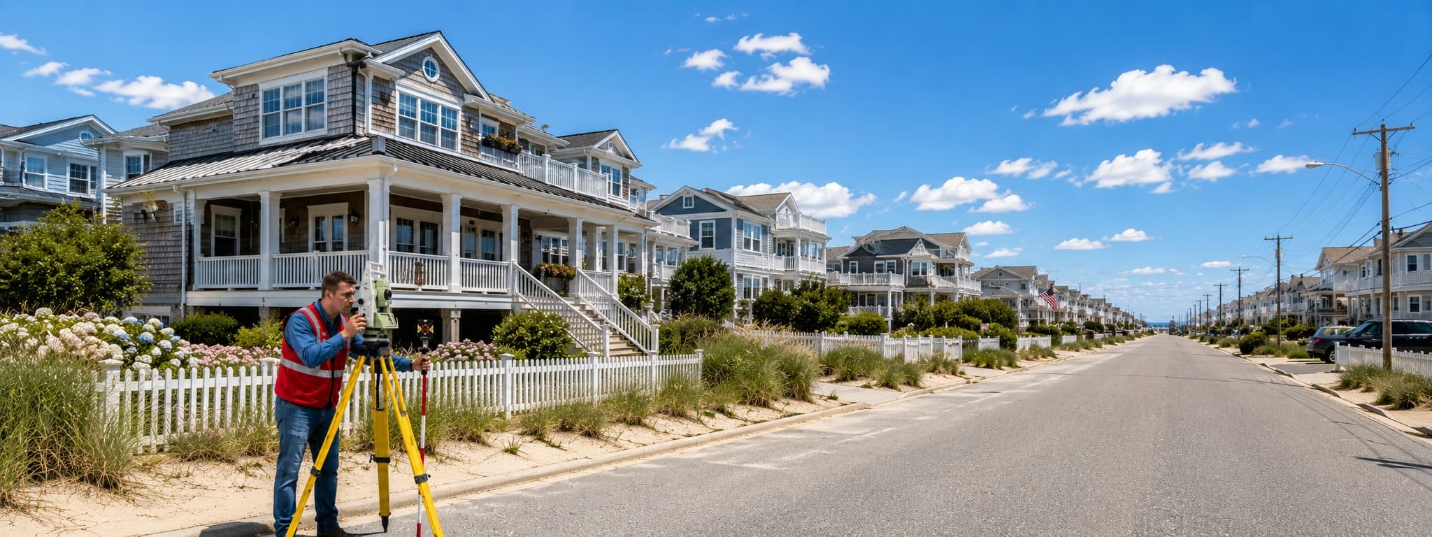 An ELS surveyor at a total station on a bright Jersey Shore residential street, coastal beach homes with porches and white picket fences behind