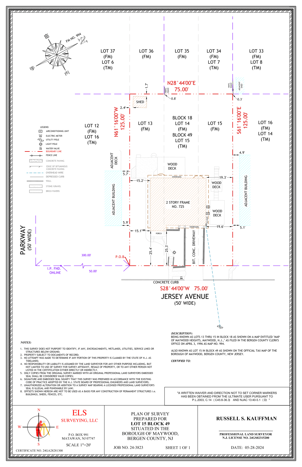 Sample ELS boundary survey drawing for a residential lot, in color